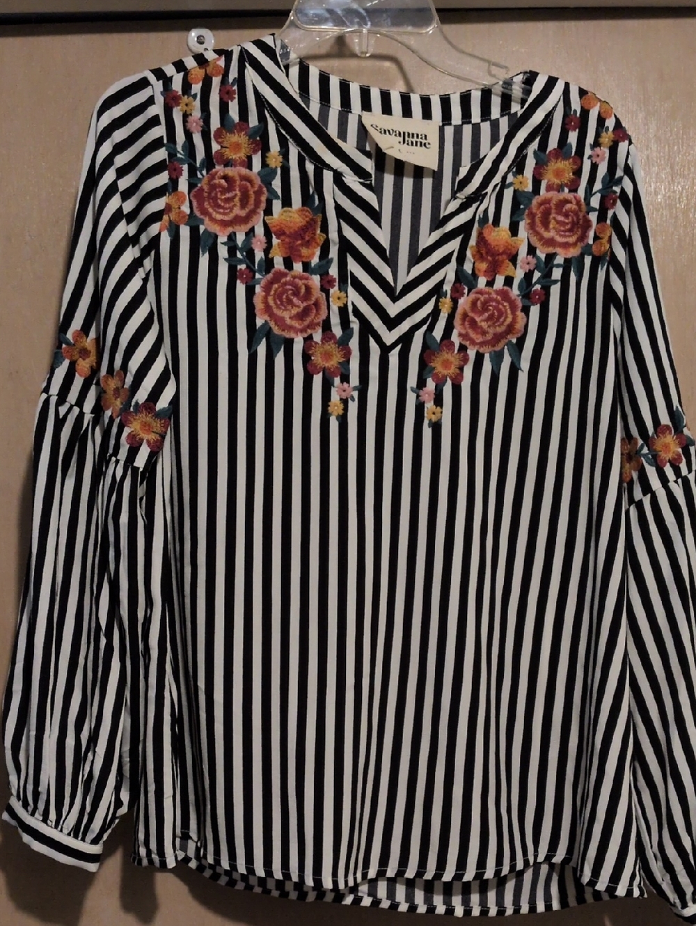 Savanna Jane Black & White Striped V-Neck Blouse with Floral Embroidery